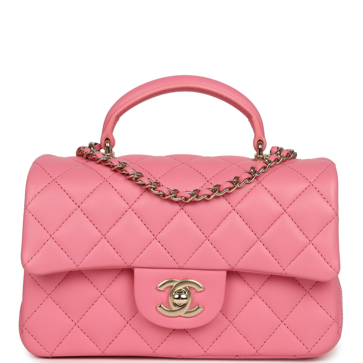 Chanel Mini Rectangular Flap Bag with Top Handle Pink Lambskin Light Gold Hardware