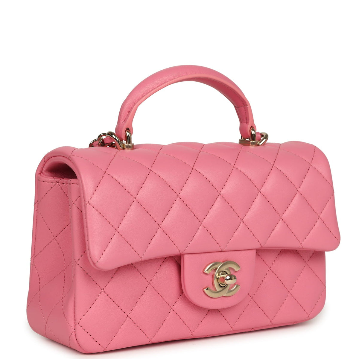 Chanel Mini Rectangular Flap Bag with Top Handle Pink Lambskin Light Gold Hardware