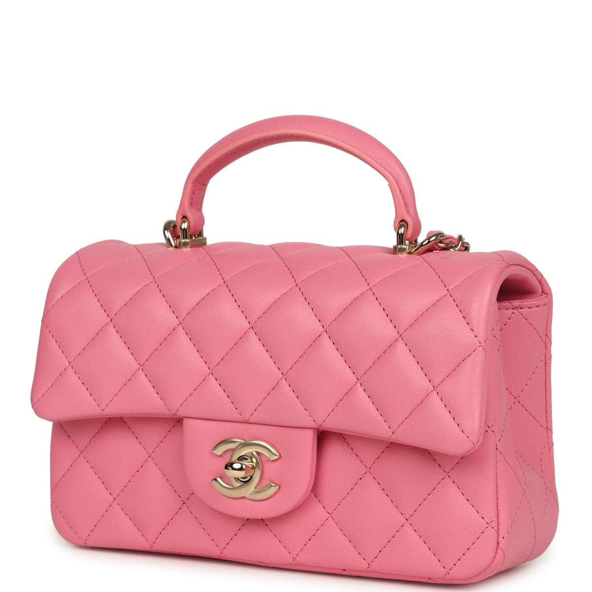 Chanel Mini Rectangular Flap Bag with Top Handle Pink Lambskin Light Gold Hardware