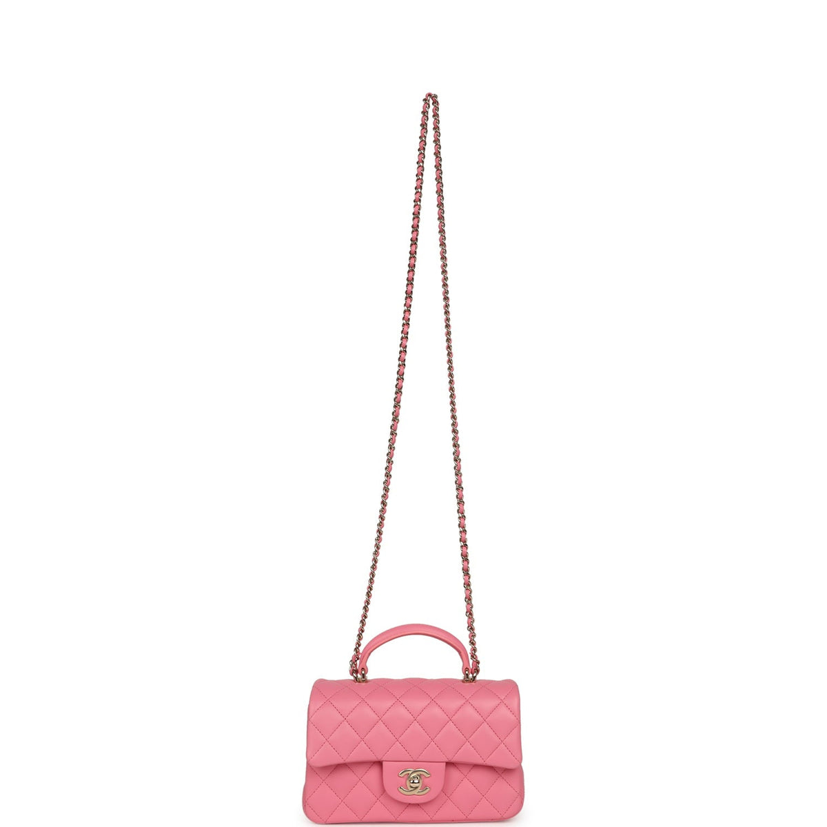 Chanel Mini Rectangular Flap Bag with Top Handle Pink Lambskin Light Gold Hardware