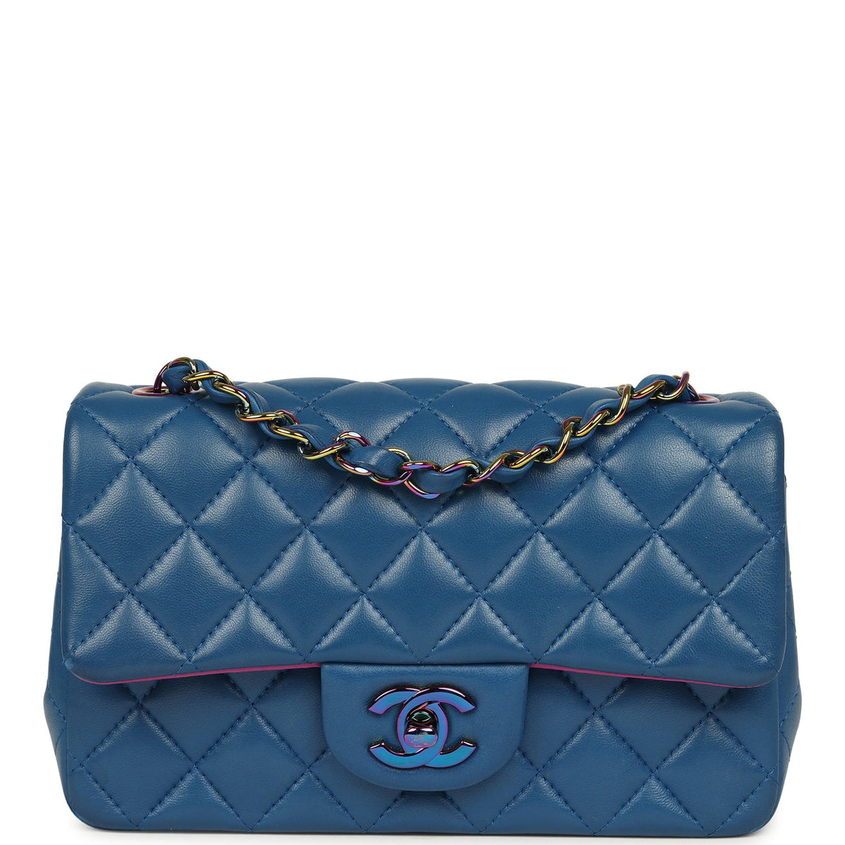 Pre-owned Chanel Mini Rectangular Flap Bag Blue, Purple Lambskin Rainbow Hardware