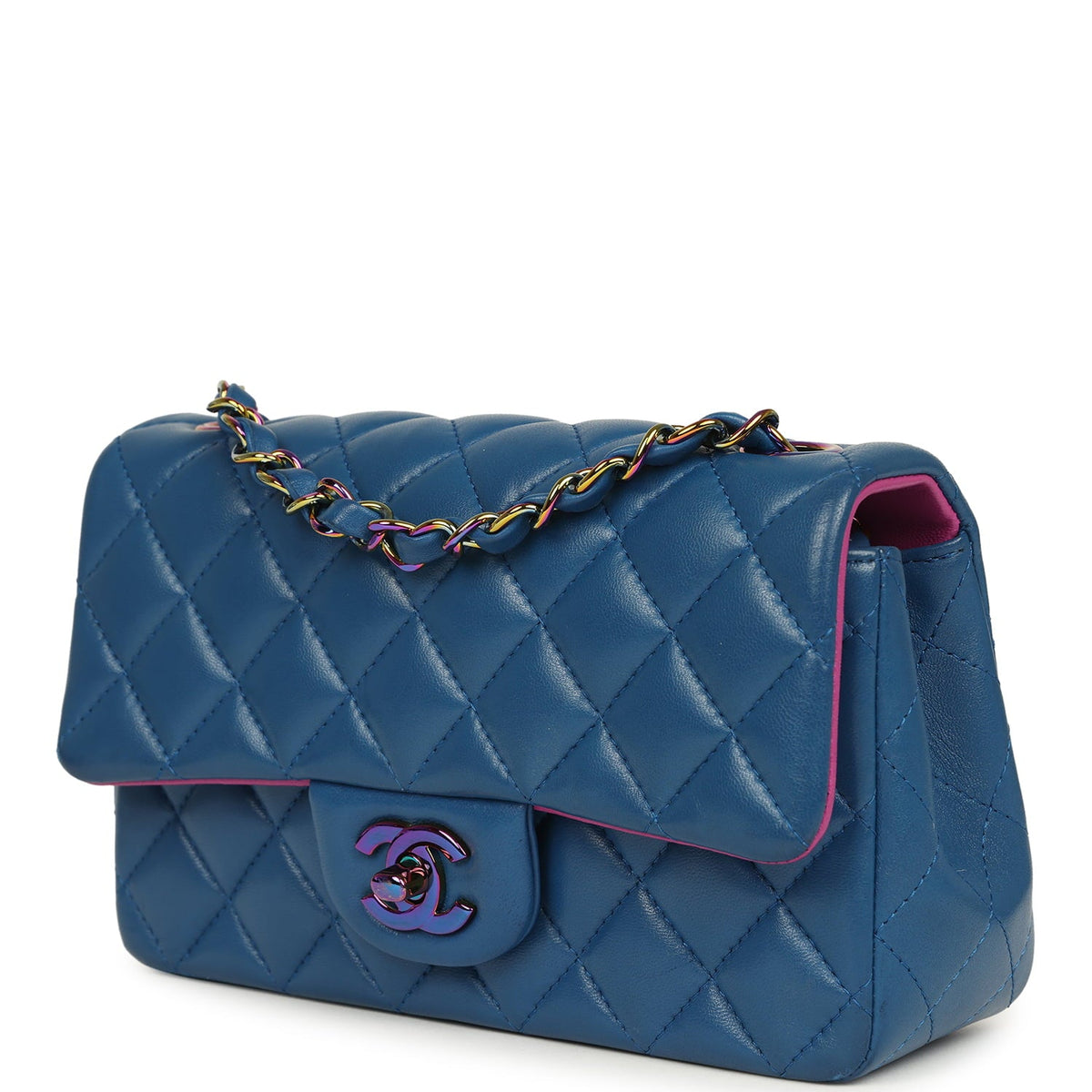 Pre-owned Chanel Mini Rectangular Flap Bag Blue, Purple Lambskin Rainbow Hardware