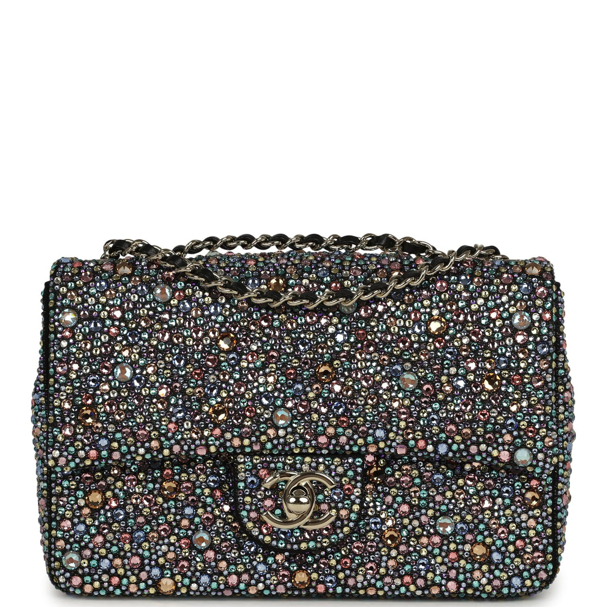 Chanel Mini Bedazzled Classic Rectangular Flap Bag Multicolor Crystals, Black Fabric Light Gold Hardware