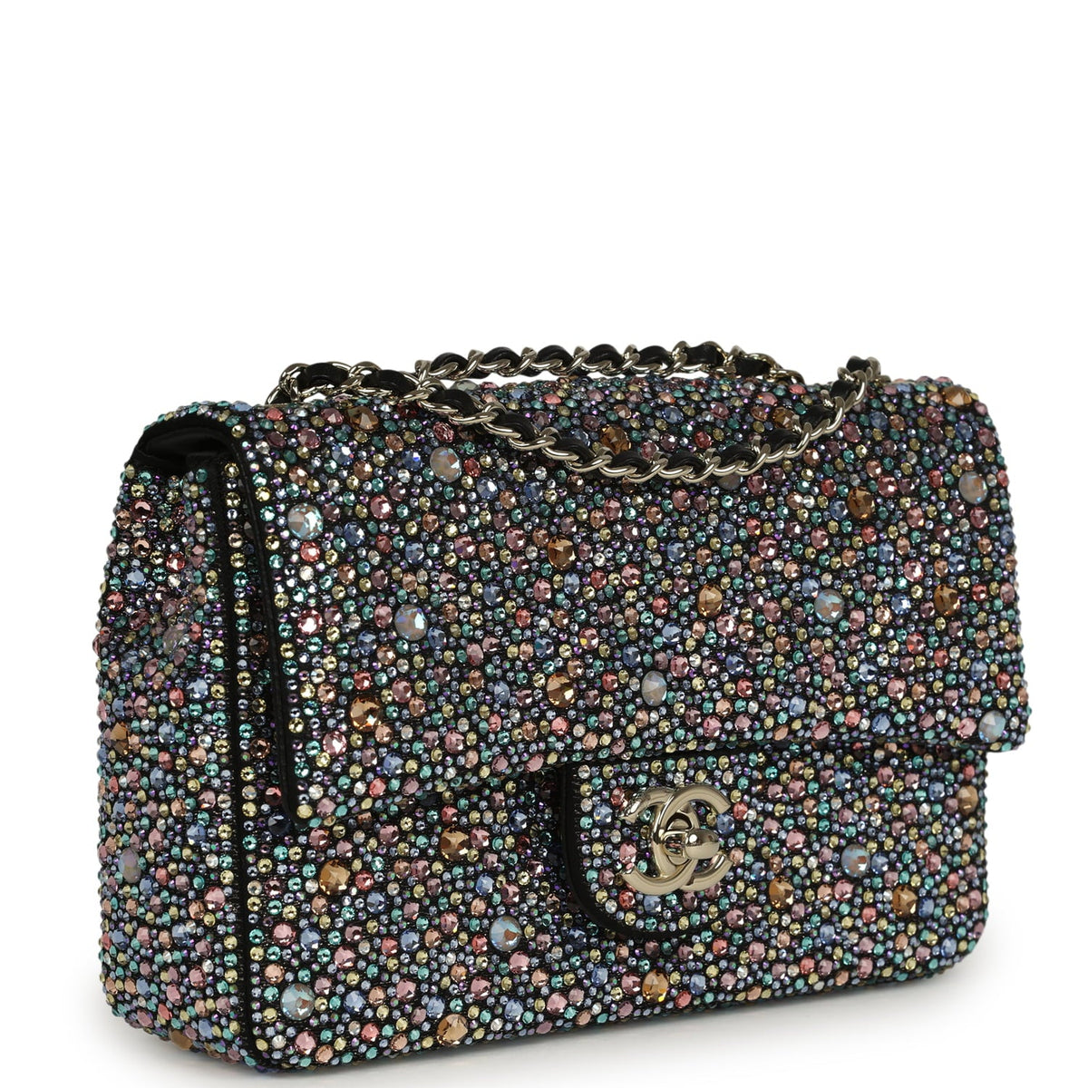 Chanel Mini Bedazzled Classic Rectangular Flap Bag Multicolor Crystals, Black Fabric Light Gold Hardware