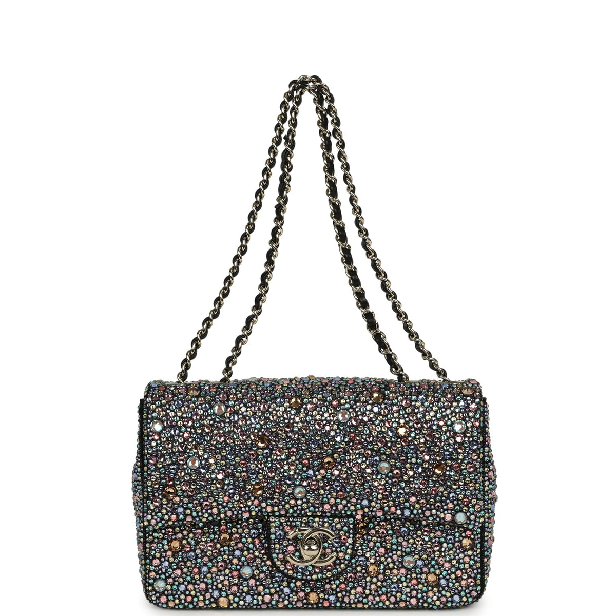 Chanel Mini Bedazzled Classic Rectangular Flap Bag Multicolor Crystals, Black Fabric Light Gold Hardware