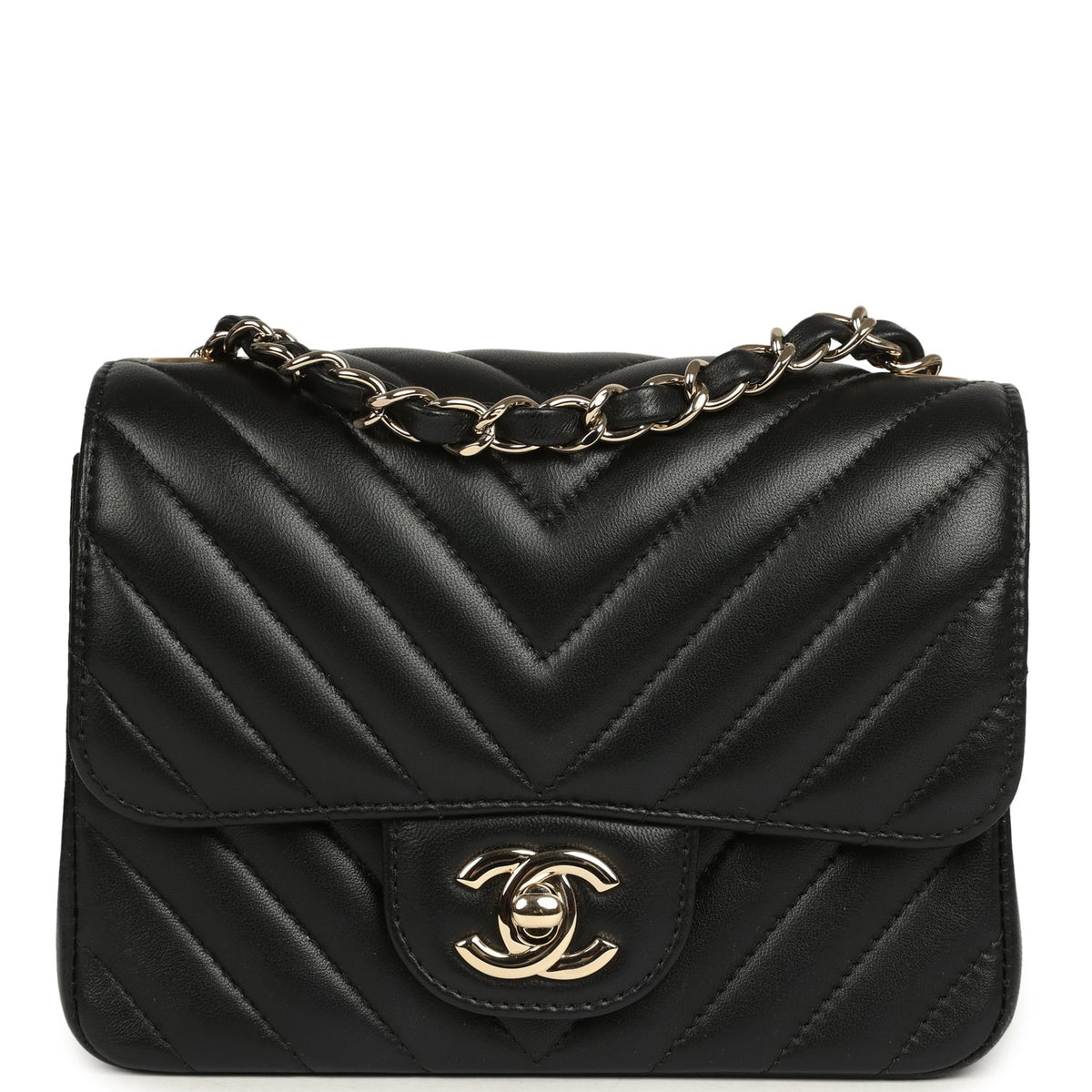 Pre-owned Chanel Mini Chevron Square Flap Bag Black Lambskin Light Gold Hardware