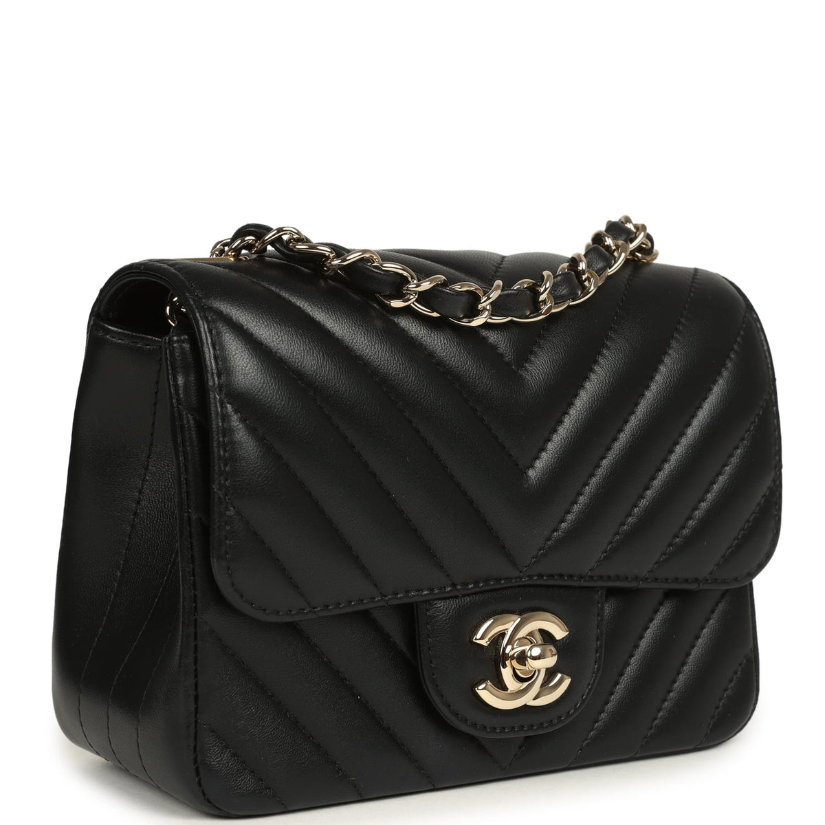 Pre-owned Chanel Mini Chevron Square Flap Bag Black Lambskin Light Gold Hardware