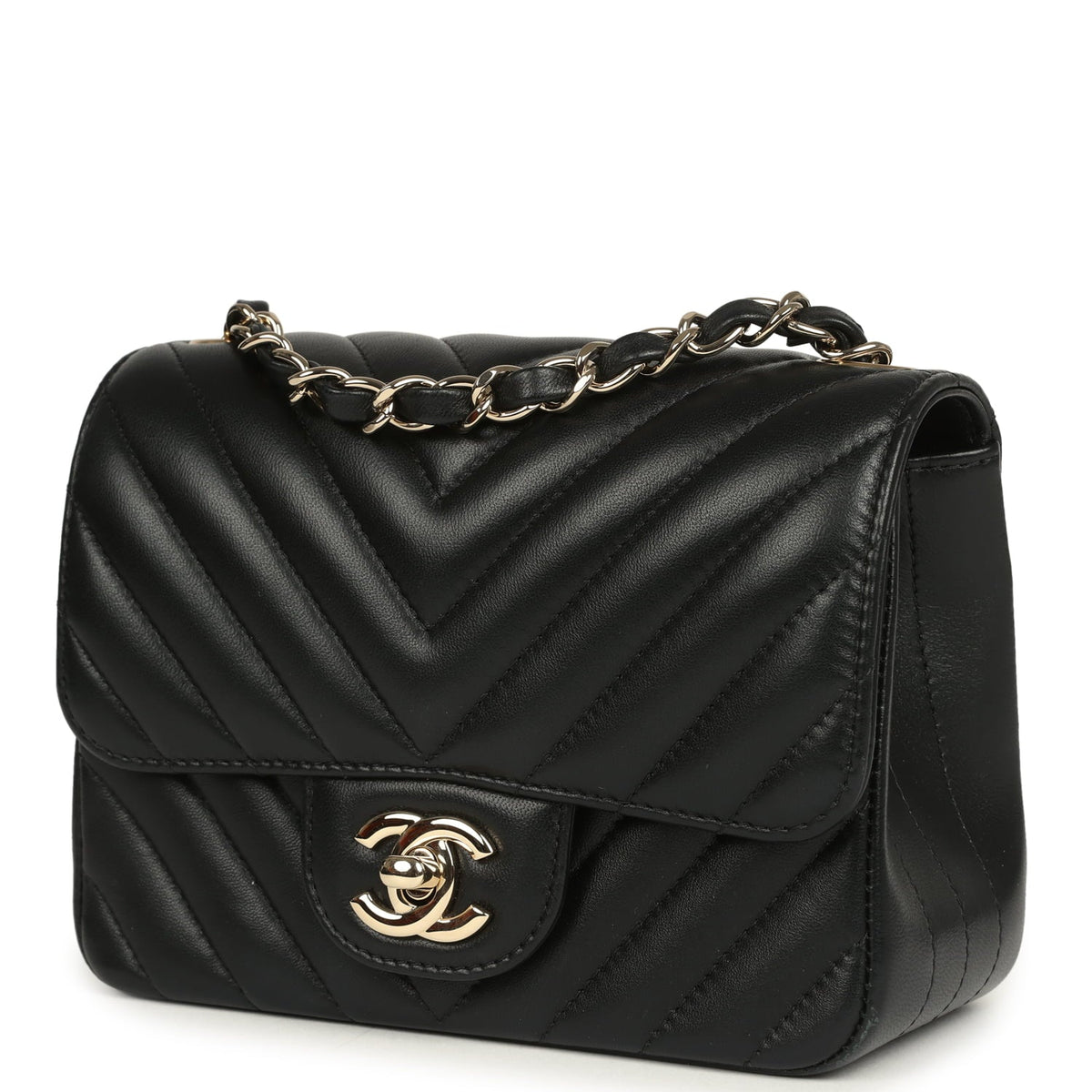 Pre-owned Chanel Mini Chevron Square Flap Bag Black Lambskin Light Gold Hardware