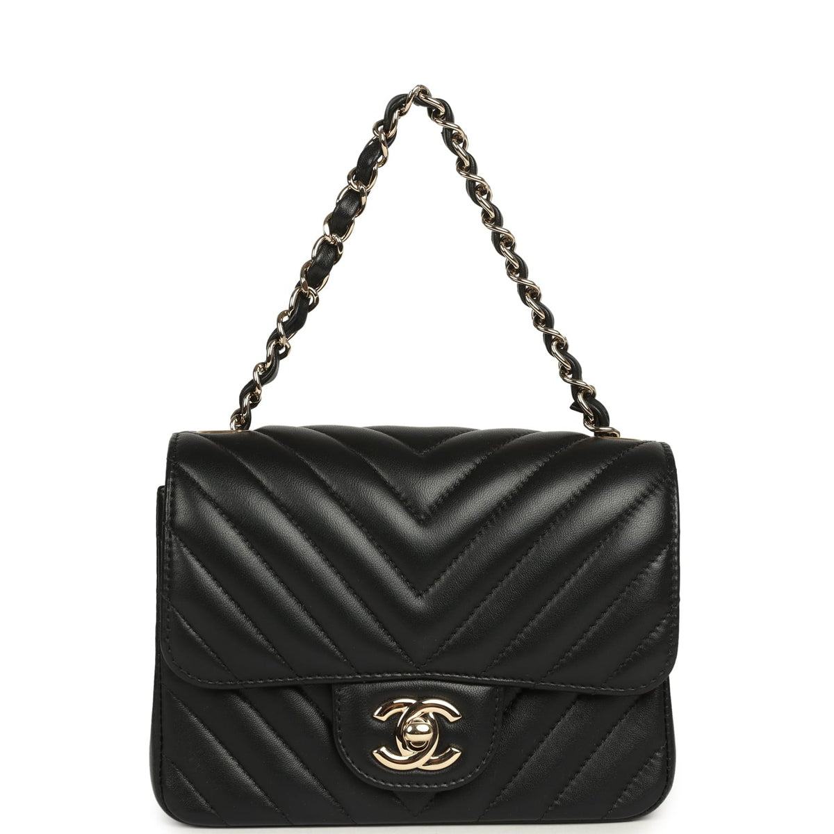 Pre-owned Chanel Mini Chevron Square Flap Bag Black Lambskin Light Gold Hardware
