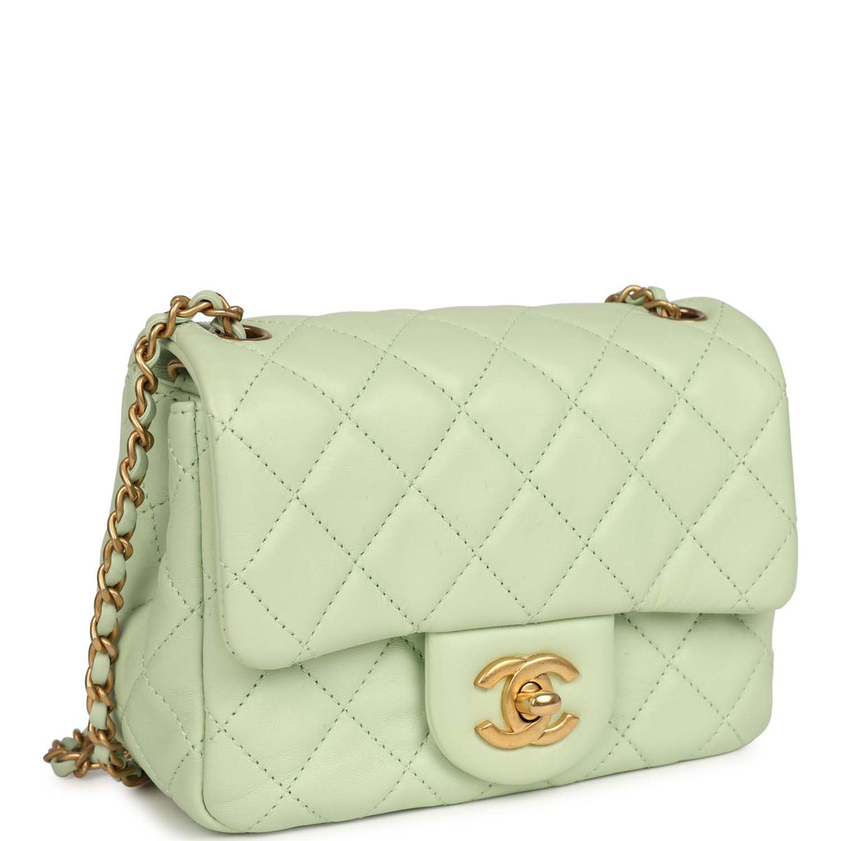 Chanel Mini Square Pearl Crush Flap Bag Light Green Lambskin Antique Gold Hardware