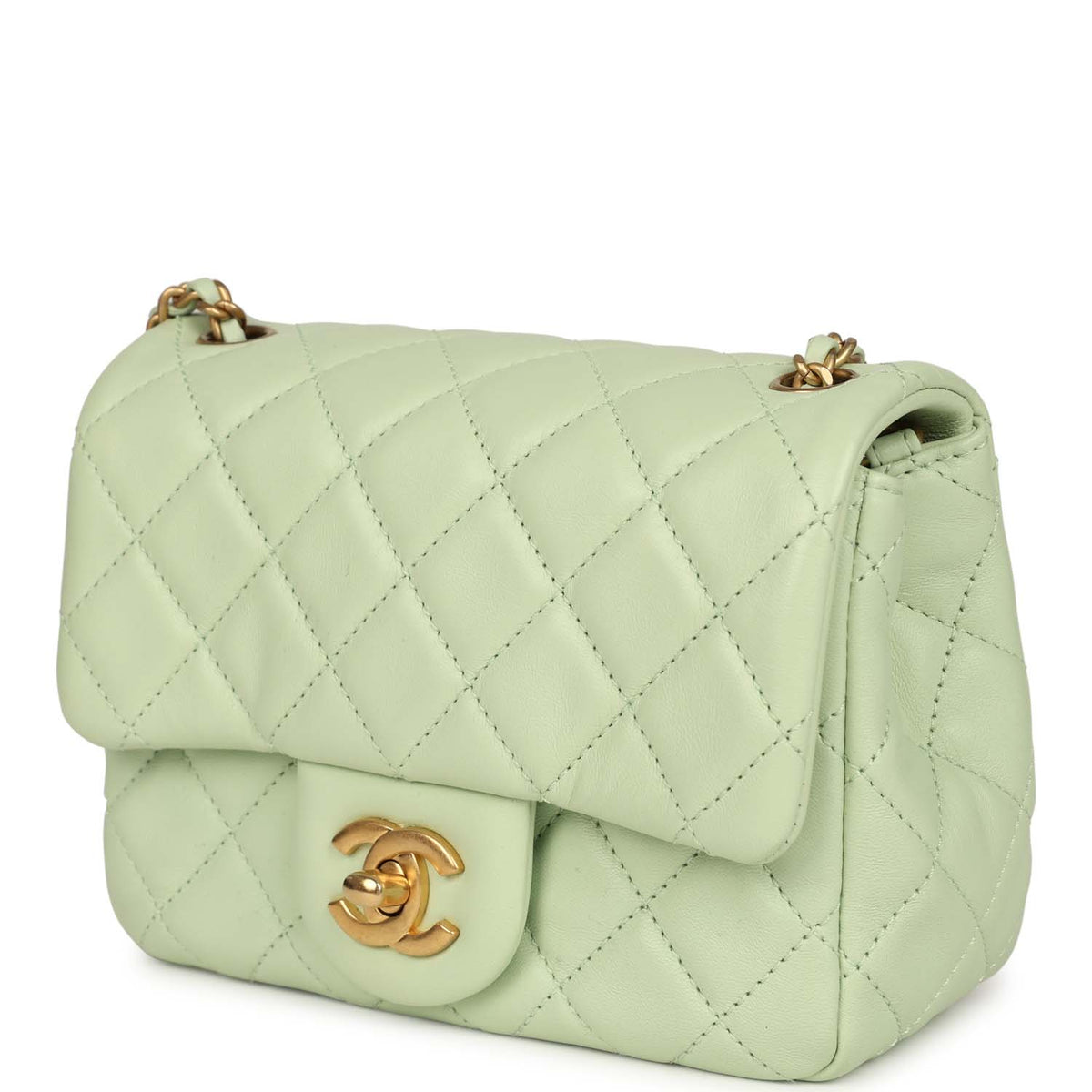 Chanel Mini Square Pearl Crush Flap Bag Light Green Lambskin Antique Gold Hardware