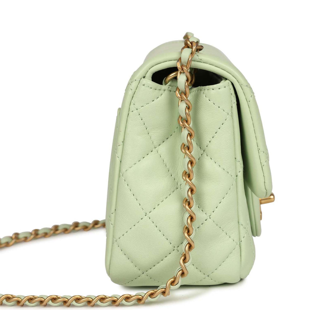 Chanel Mini Square Pearl Crush Flap Bag Light Green Lambskin Antique Gold Hardware