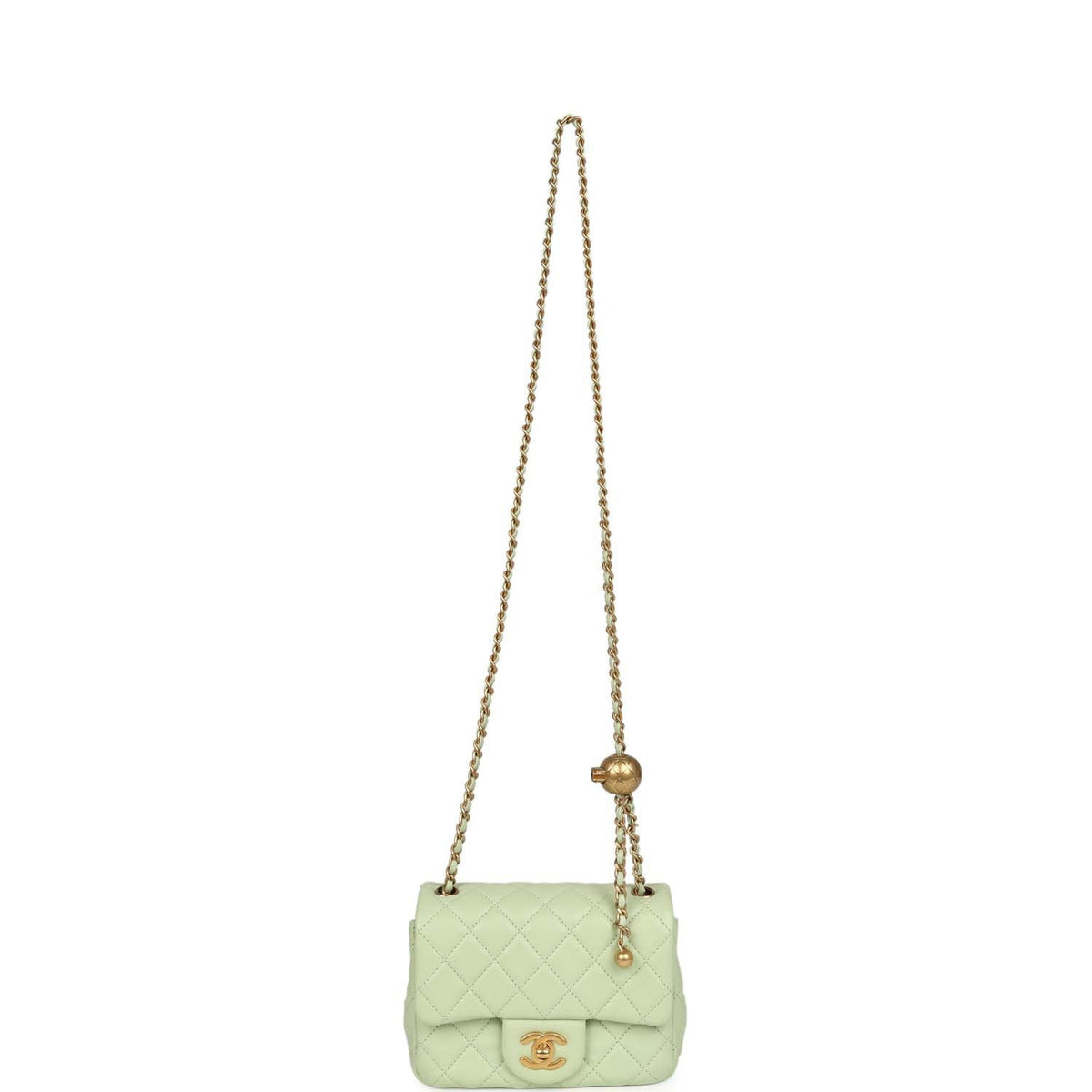 Chanel Mini Square Pearl Crush Flap Bag Light Green Lambskin Antique Gold Hardware