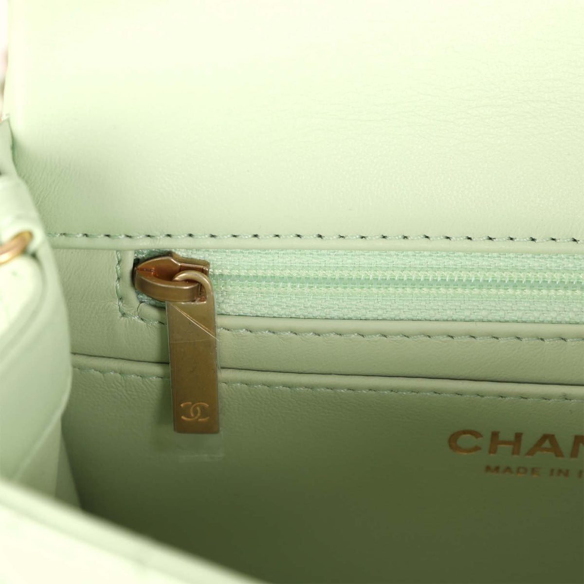 Chanel Mini Square Pearl Crush Flap Bag Light Green Lambskin Antique Gold Hardware