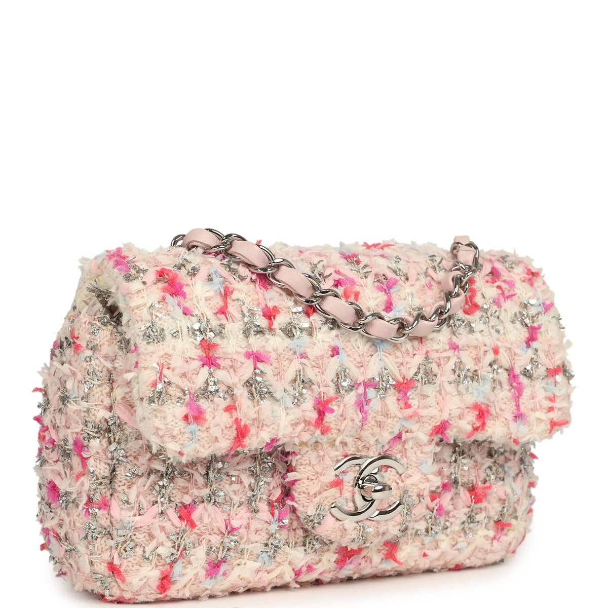 Chanel Mini Rectangular Flap Bag Pink, Multicolored Tweed Bouclé Silver Hardware