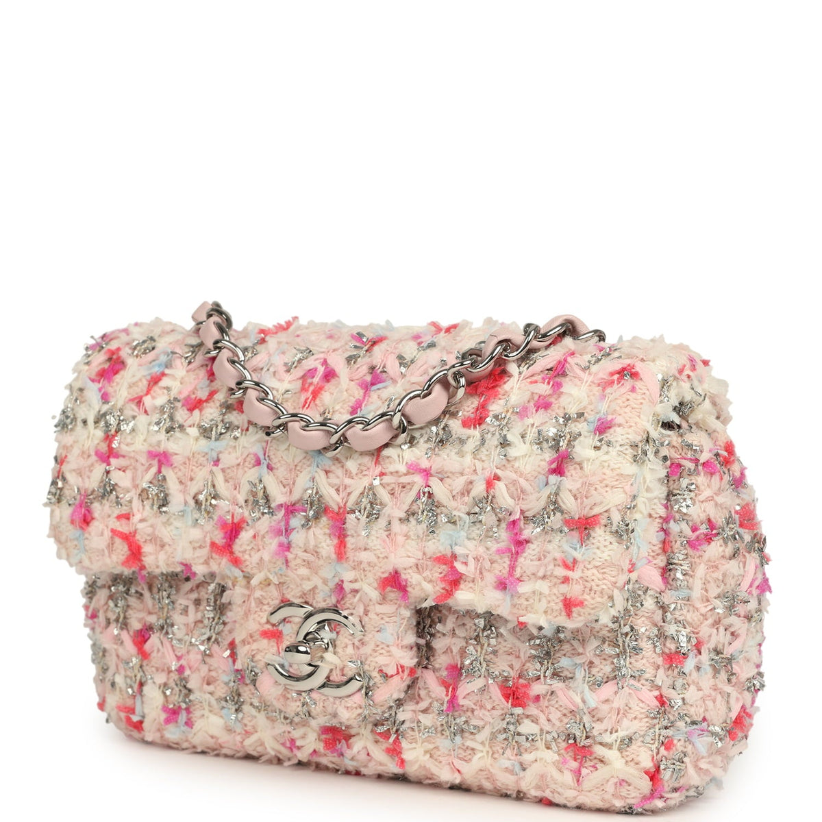 Chanel Mini Rectangular Flap Bag Pink, Multicolored Tweed Bouclé Silver Hardware