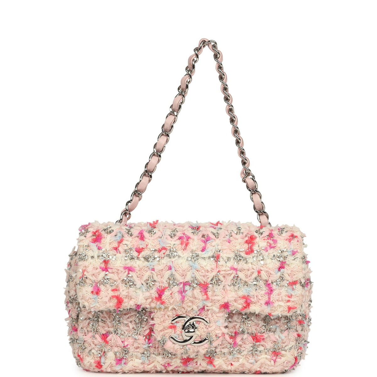 Chanel Mini Rectangular Flap Bag Pink, Multicolored Tweed Bouclé Silver Hardware