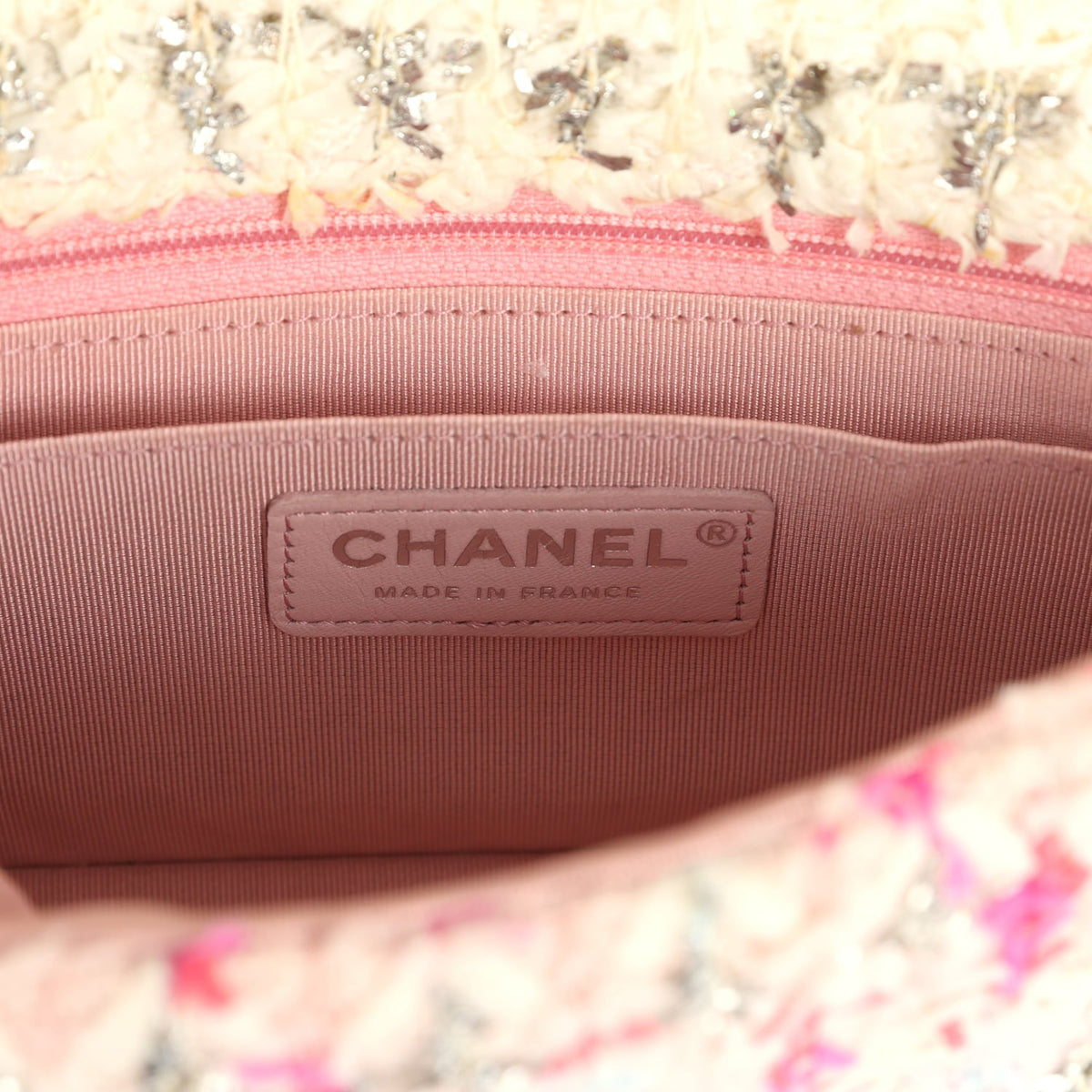 Chanel Mini Rectangular Flap Bag Pink, Multicolored Tweed Bouclé Silver Hardware
