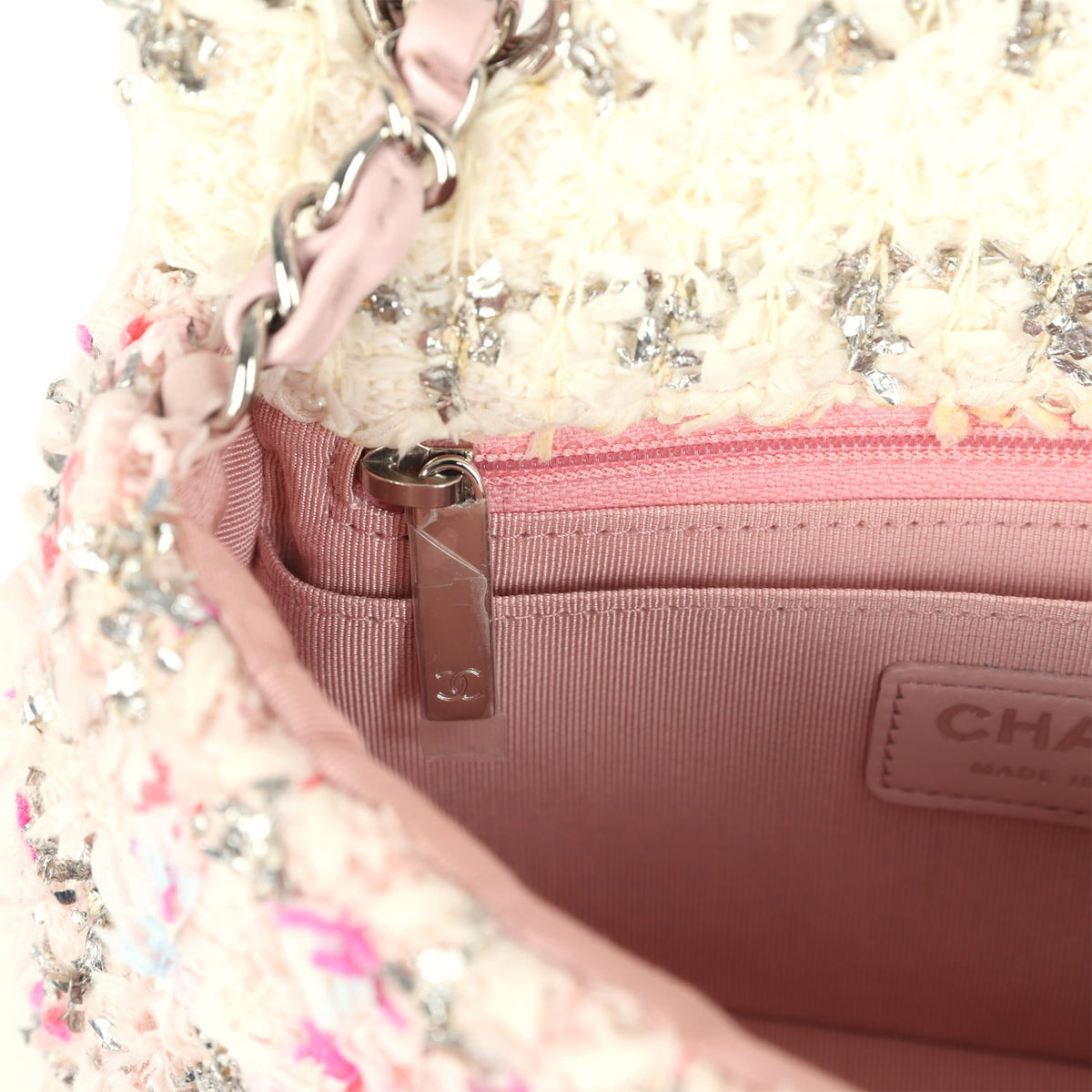 Chanel Mini Rectangular Flap Bag Pink, Multicolored Tweed Bouclé Silver Hardware