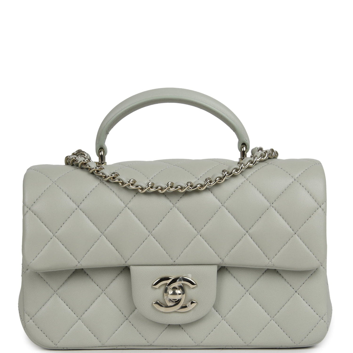 Chanel Mini Classic Rectangular Top Handle Flap Bag Pale Green Lambskin Silver Hardware