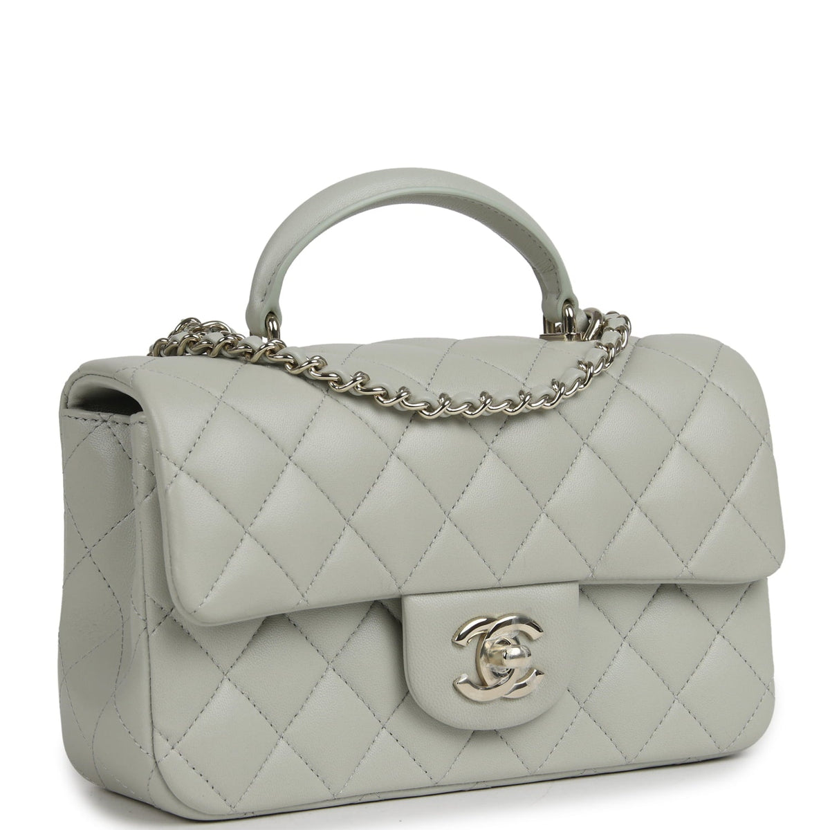 Chanel Mini Classic Rectangular Top Handle Flap Bag Pale Green Lambskin Silver Hardware