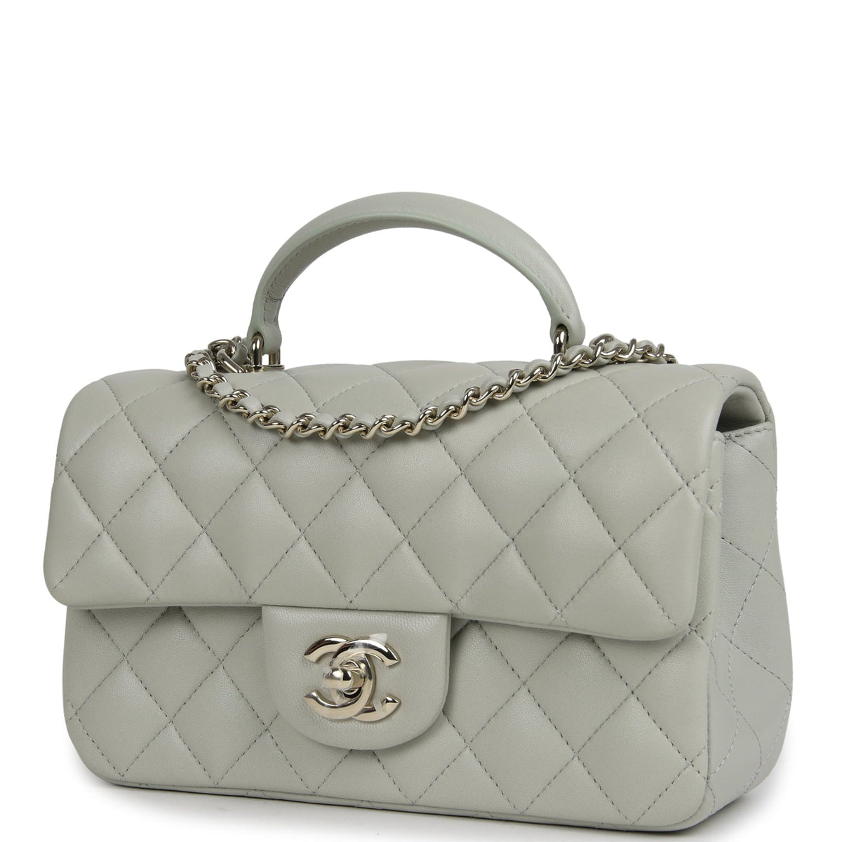 Chanel Mini Classic Rectangular Top Handle Flap Bag Pale Green Lambskin Silver Hardware