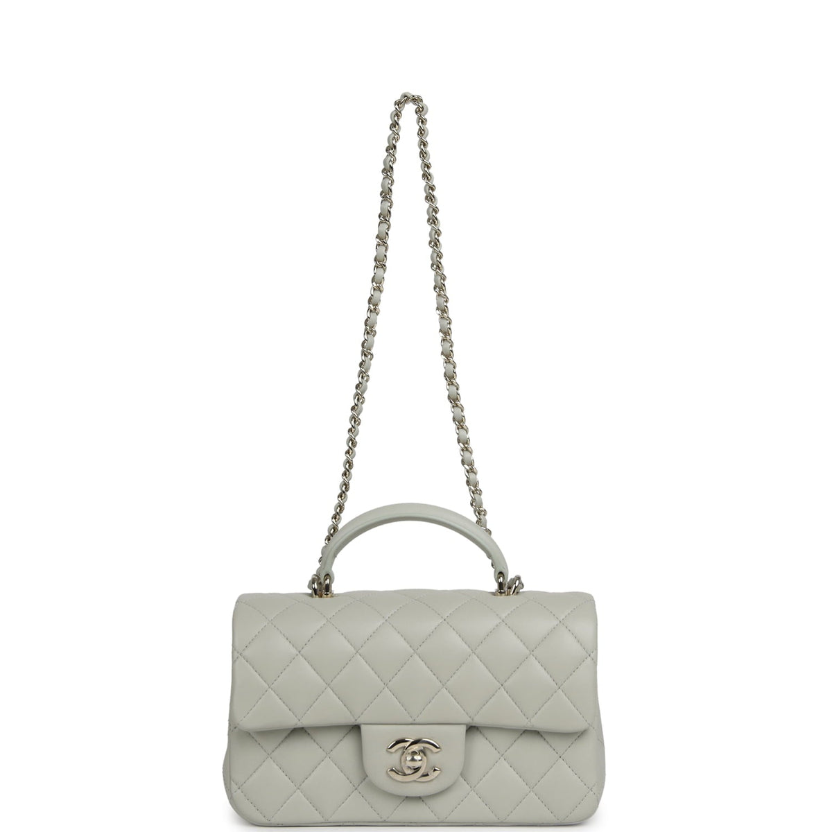 Chanel Mini Classic Rectangular Top Handle Flap Bag Pale Green Lambskin Silver Hardware