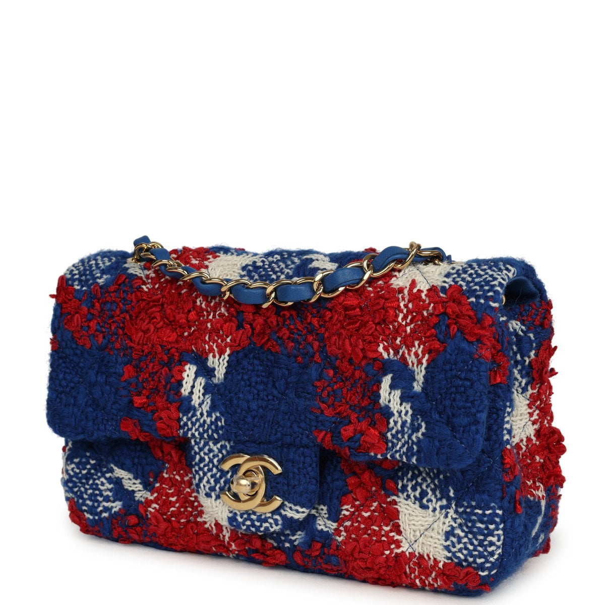 Chanel Mini Classic Rectangular Flap Bag Red, White, Blue Tweed Boucle Gold Hardware