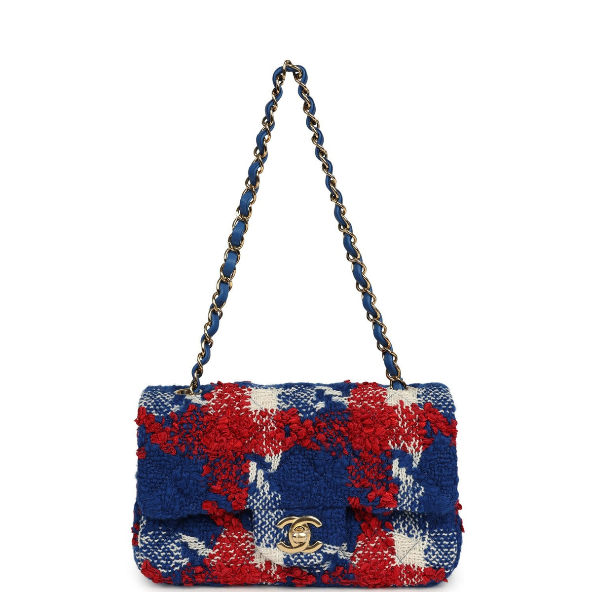 Chanel Mini Classic Rectangular Flap Bag Red, White, Blue Tweed Boucle Gold Hardware