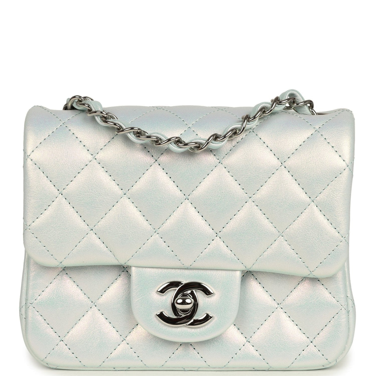 Chanel Mini Classic Square Flap Bag Light Blue Iridescent Calfskin Silver Hardware