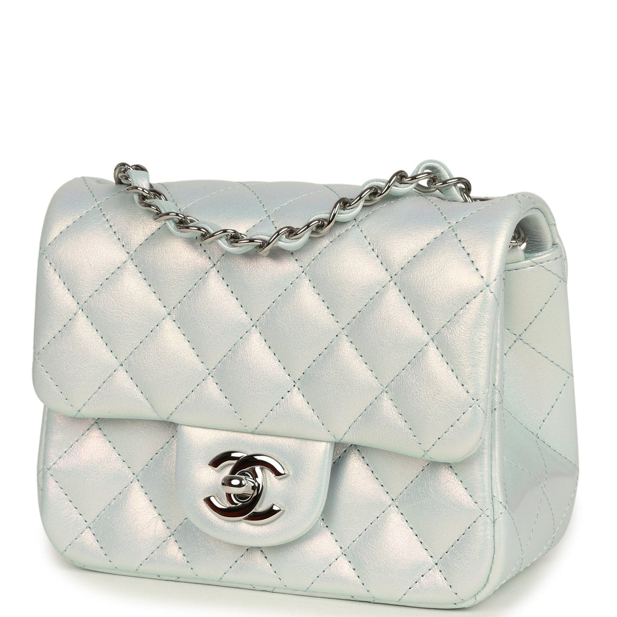 Chanel Mini Classic Square Flap Bag Light Blue Iridescent Calfskin Silver Hardware