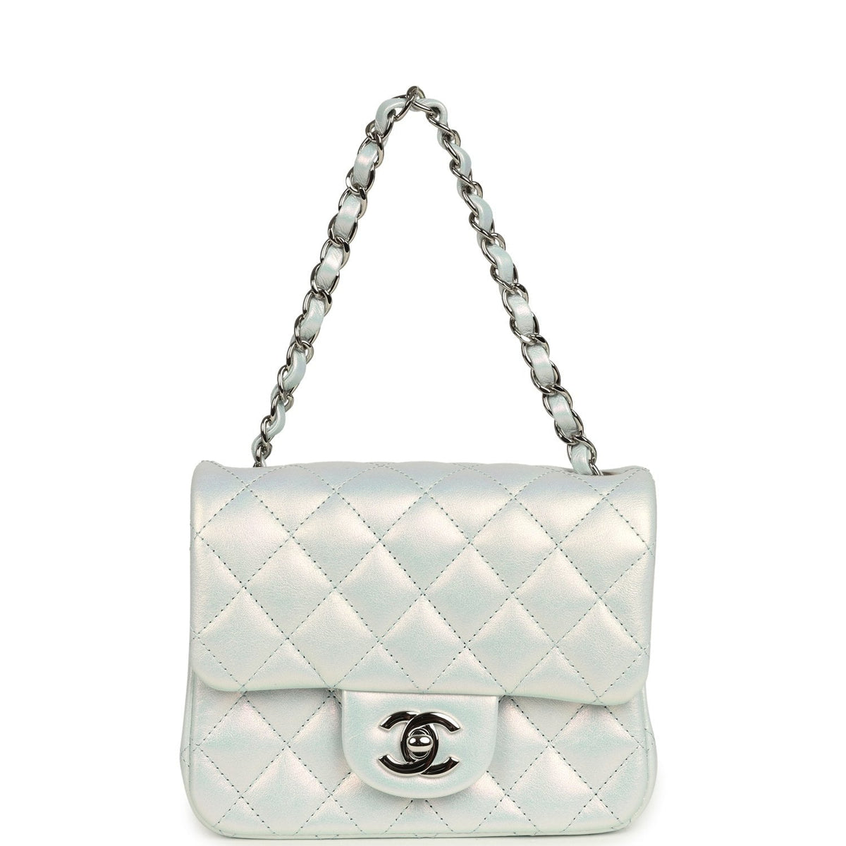 Chanel Mini Classic Square Flap Bag Light Blue Iridescent Calfskin Silver Hardware