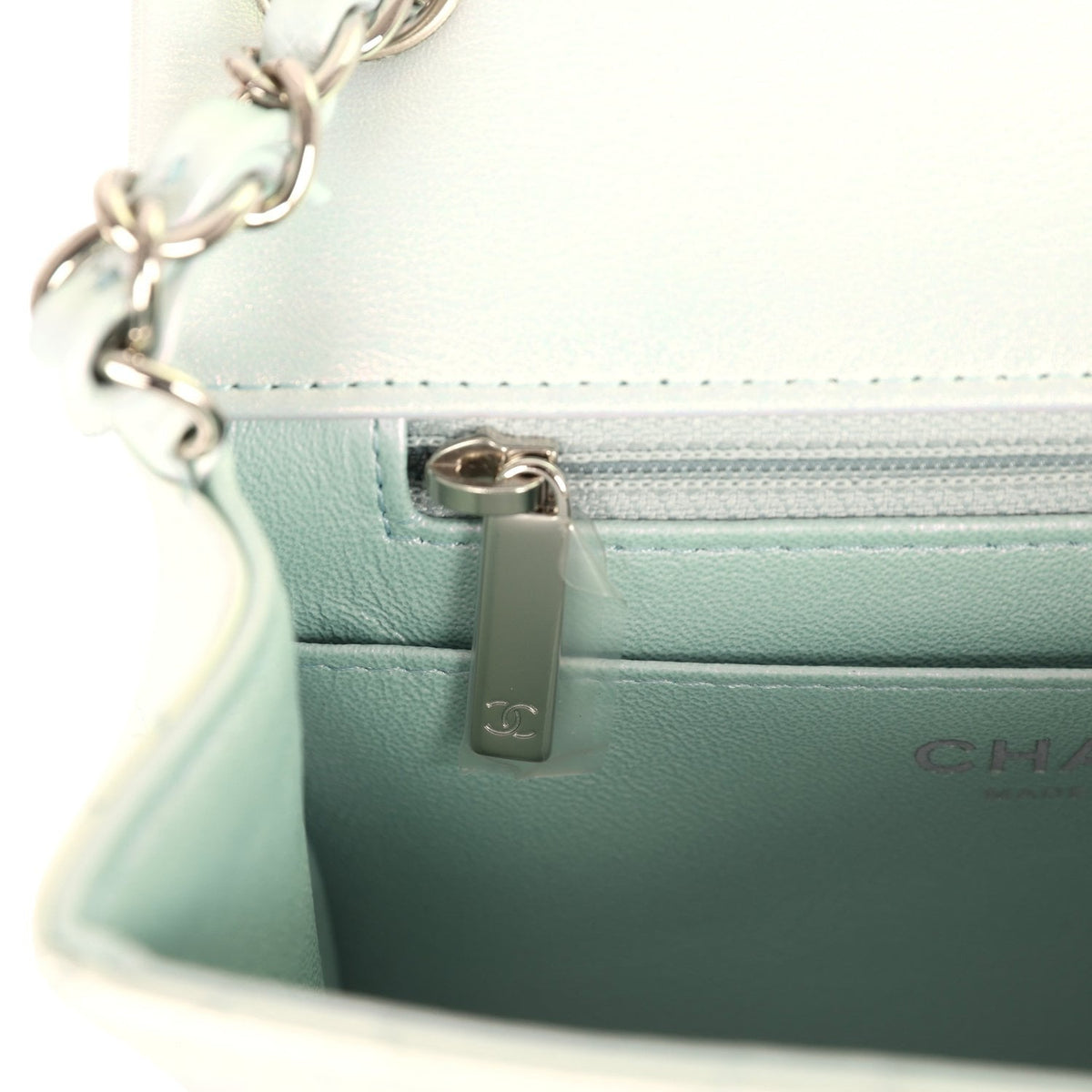 Chanel Mini Classic Square Flap Bag Light Blue Iridescent Calfskin Silver Hardware