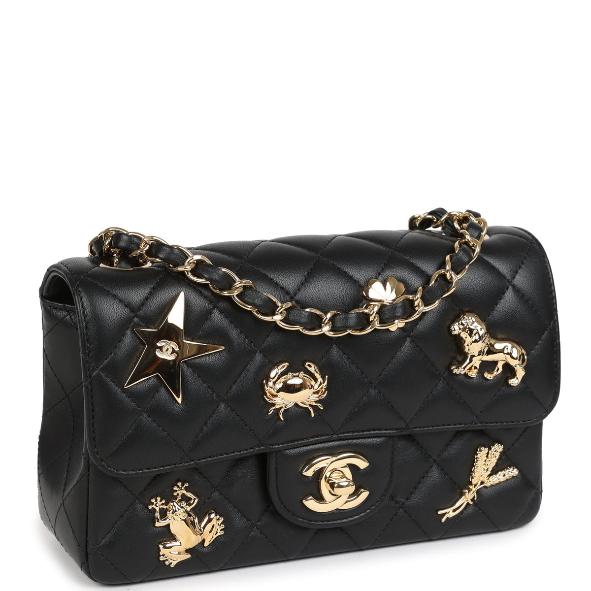 Chanel Mini Classic "Charms" Rectangular Flap Bag Black Lambskin Gold Hardware
