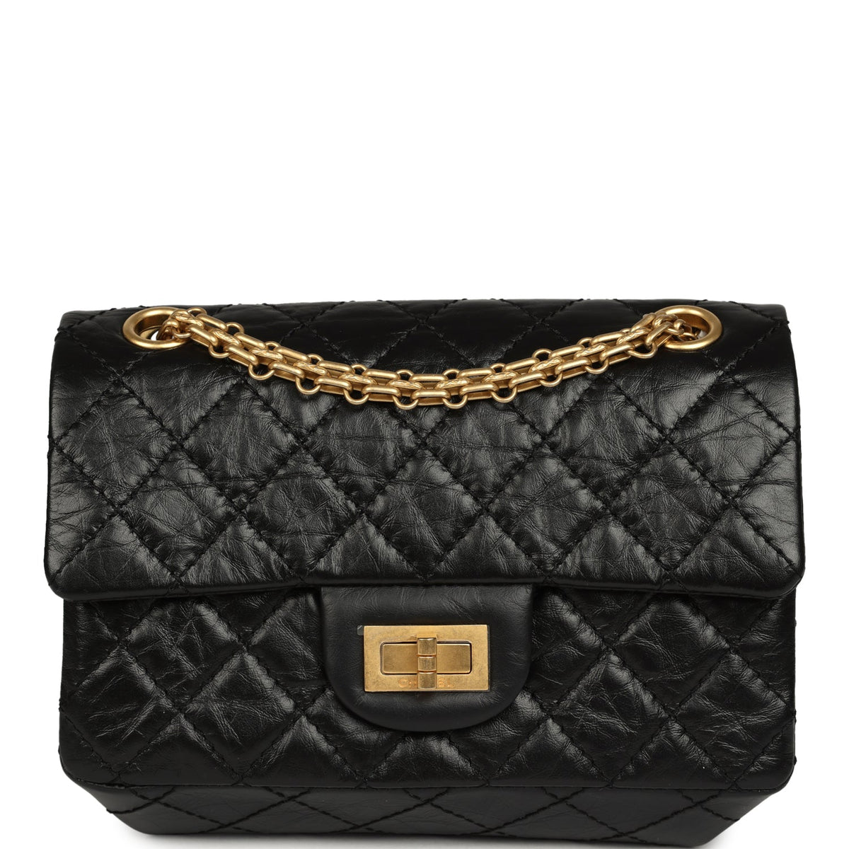 Pre-owned Chanel Mini Reissue 224 2.55 Flap Bag Black Crumpled Aged Calfskin Antique Gold Hardware