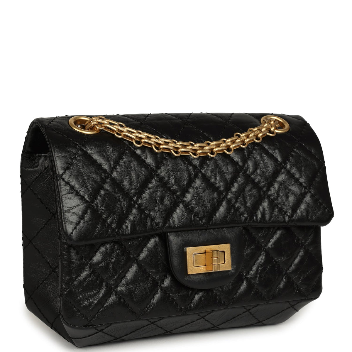 Pre-owned Chanel Mini Reissue 224 2.55 Flap Bag Black Crumpled Aged Calfskin Antique Gold Hardware