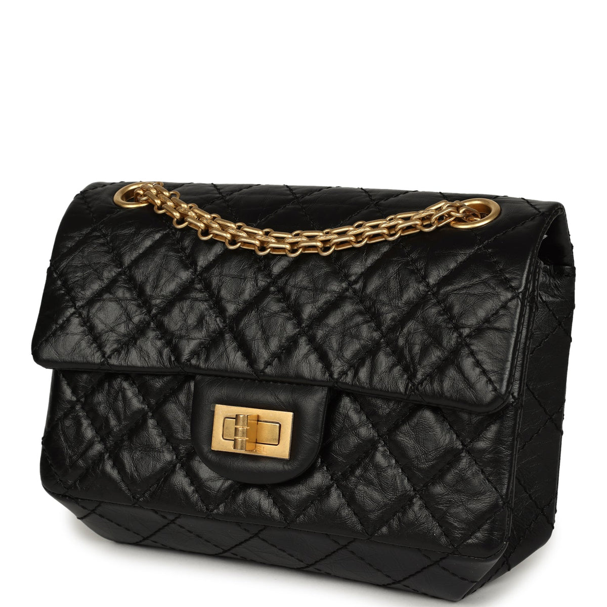 Pre-owned Chanel Mini Reissue 224 2.55 Flap Bag Black Crumpled Aged Calfskin Antique Gold Hardware