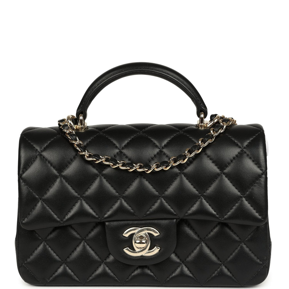 Chanel Mini Classic Rectangular Top Handle Flap Bag Black Lambskin Light Gold Hardware