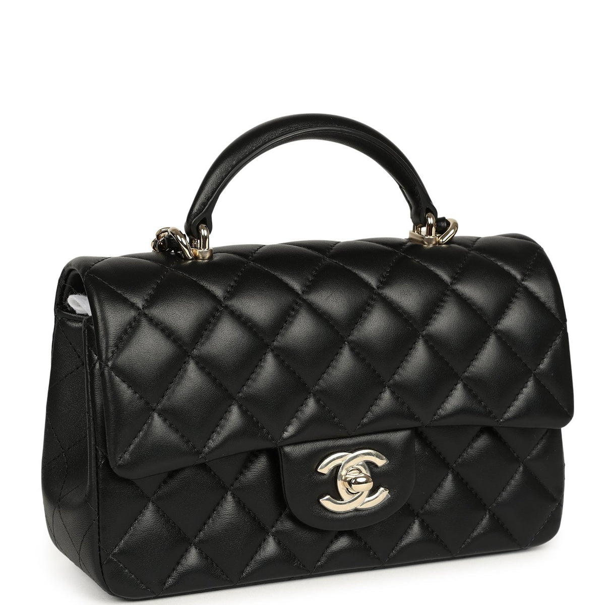 Chanel Mini Classic Rectangular Top Handle Flap Bag Black Lambskin Light Gold Hardware