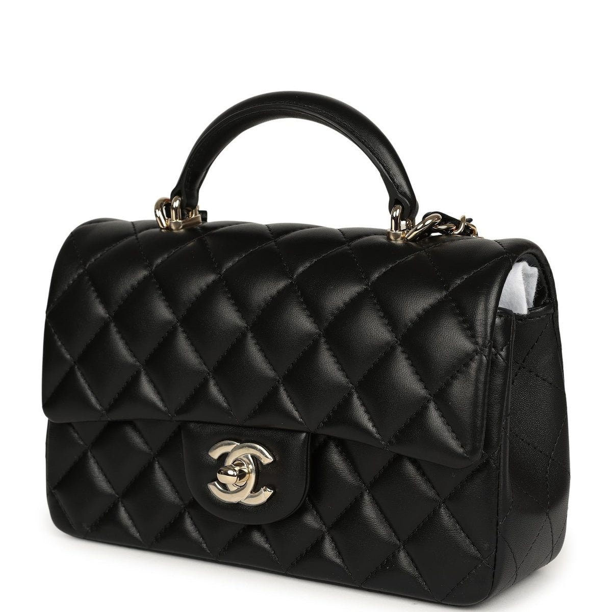 Chanel Mini Classic Rectangular Top Handle Flap Bag Black Lambskin Light Gold Hardware