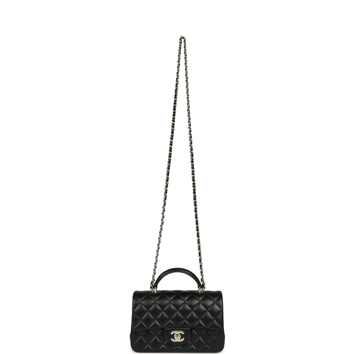 Chanel Mini Classic Rectangular Top Handle Flap Bag Black Lambskin Light Gold Hardware