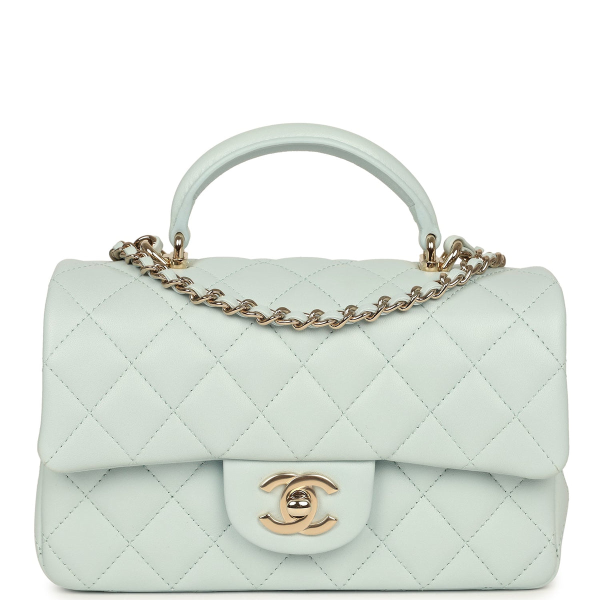 Chanel Mini Classic Rectangular Top Handle Flap Bag Light Blue Lambskin Light Gold Hardware