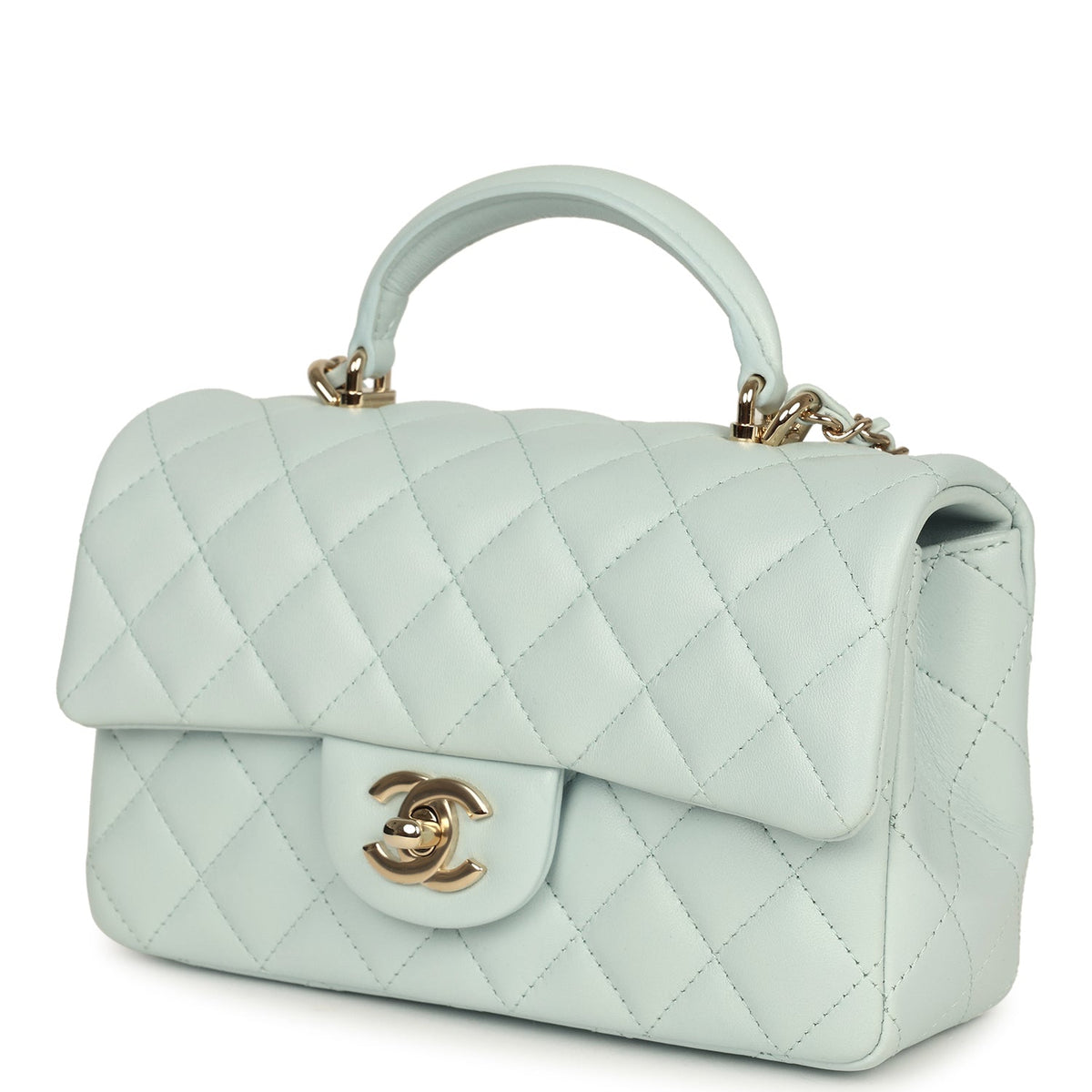 Chanel Mini Classic Rectangular Top Handle Flap Bag Light Blue Lambskin Light Gold Hardware