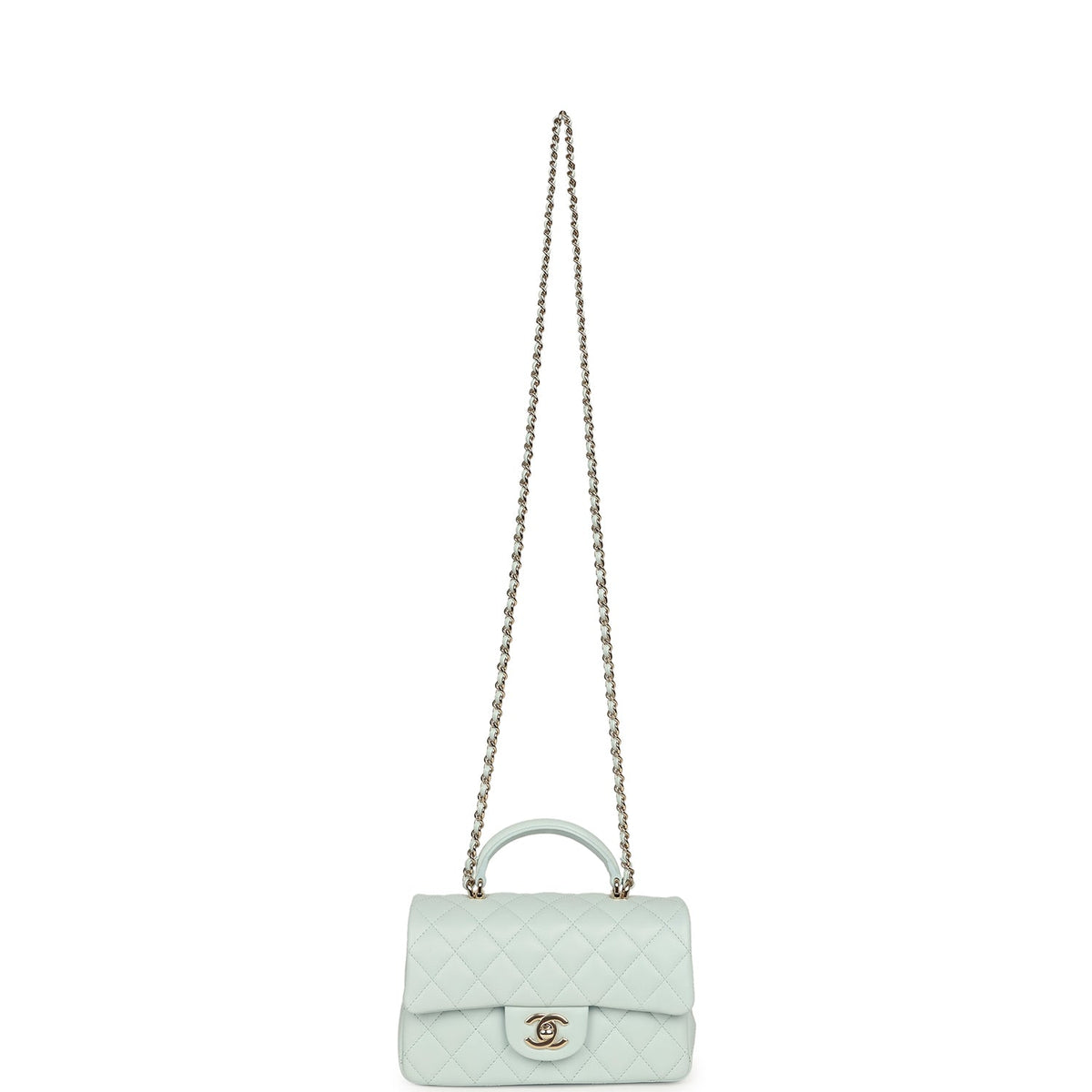 Chanel Mini Classic Rectangular Top Handle Flap Bag Light Blue Lambskin Light Gold Hardware