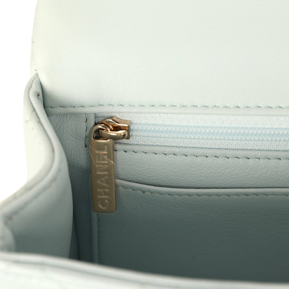 Chanel Mini Classic Rectangular Top Handle Flap Bag Light Blue Lambskin Light Gold Hardware