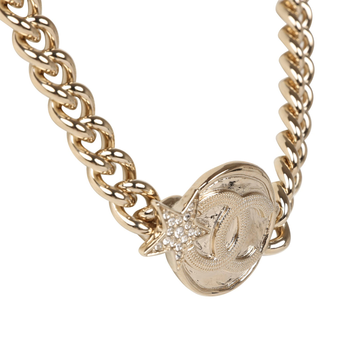 Chanel Light Gold Tone Wax Seal Logo and Rhinestone Star Necklace