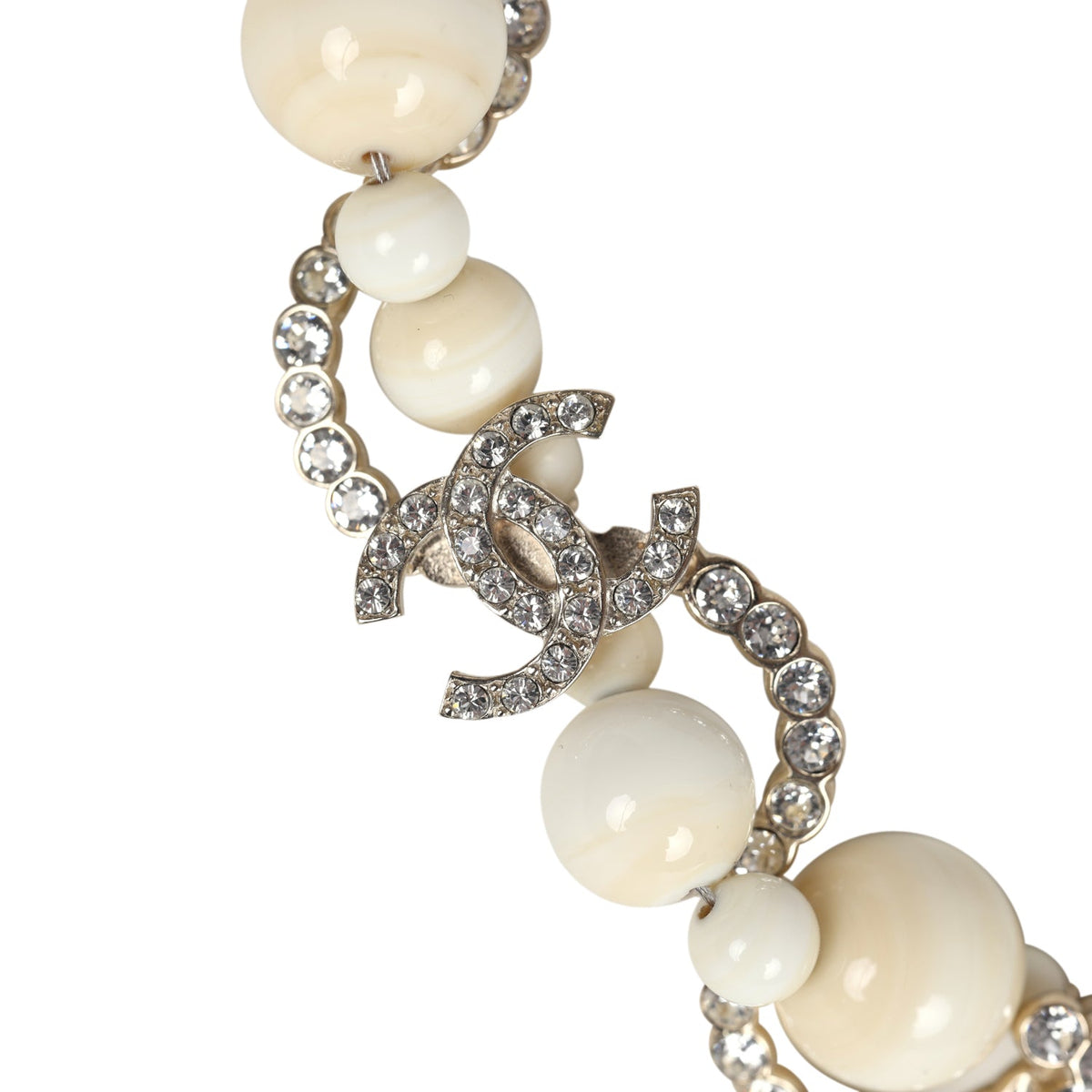 Chanel CC Faux Crystal Beaded Choker Necklace Beige and White Light Gold Tone Hardware