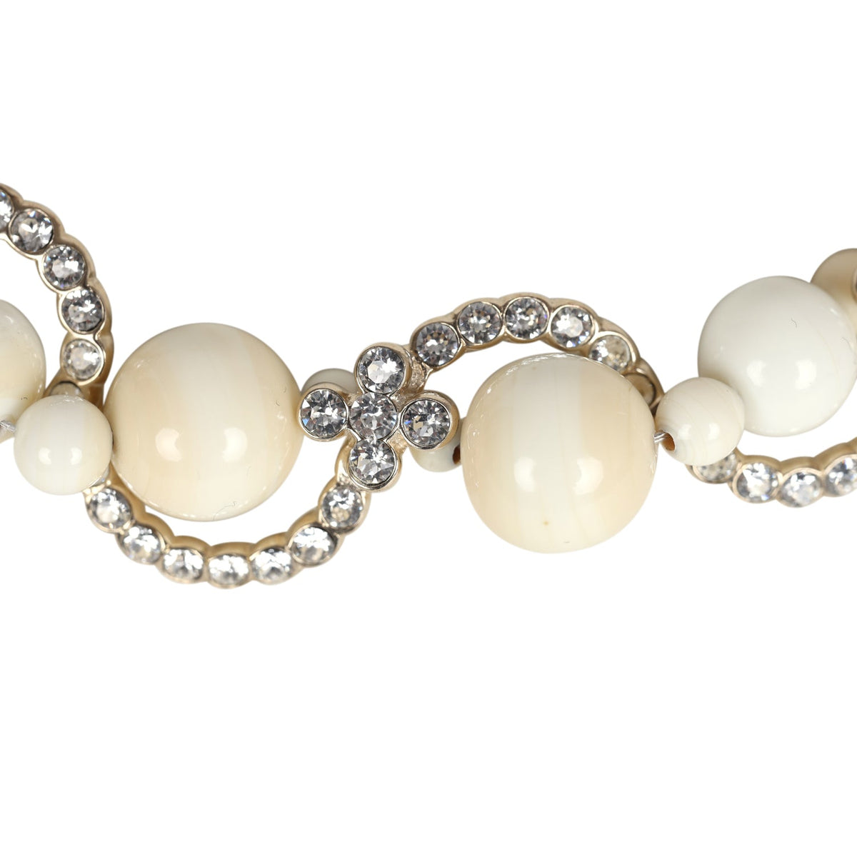 Chanel CC Faux Crystal Beaded Choker Necklace Beige and White Light Gold Tone Hardware
