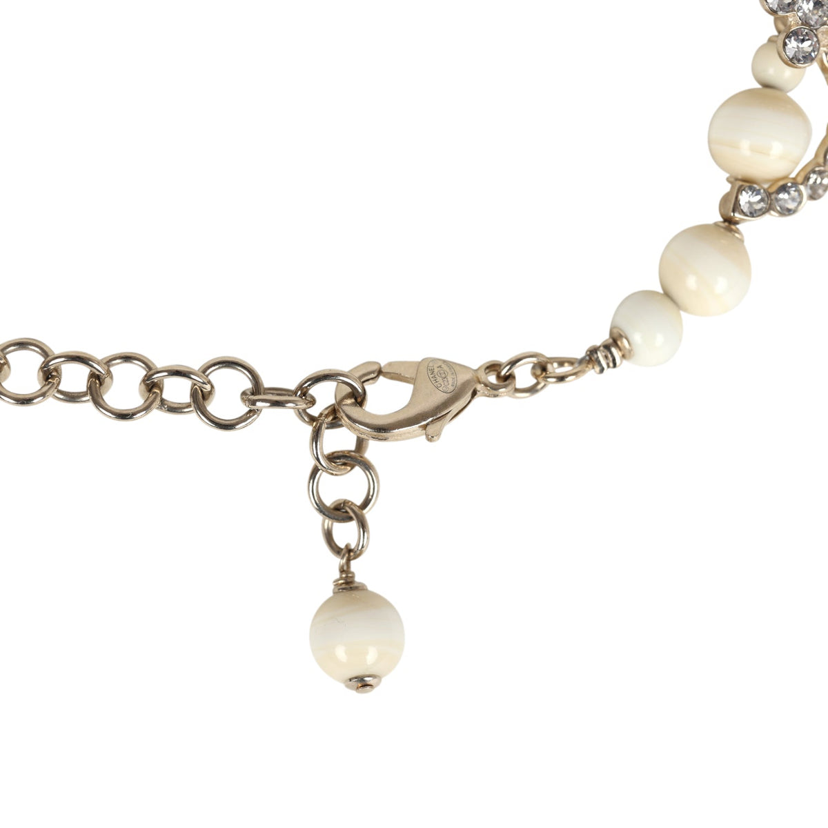 Chanel CC Faux Crystal Beaded Choker Necklace Beige and White Light Gold Tone Hardware