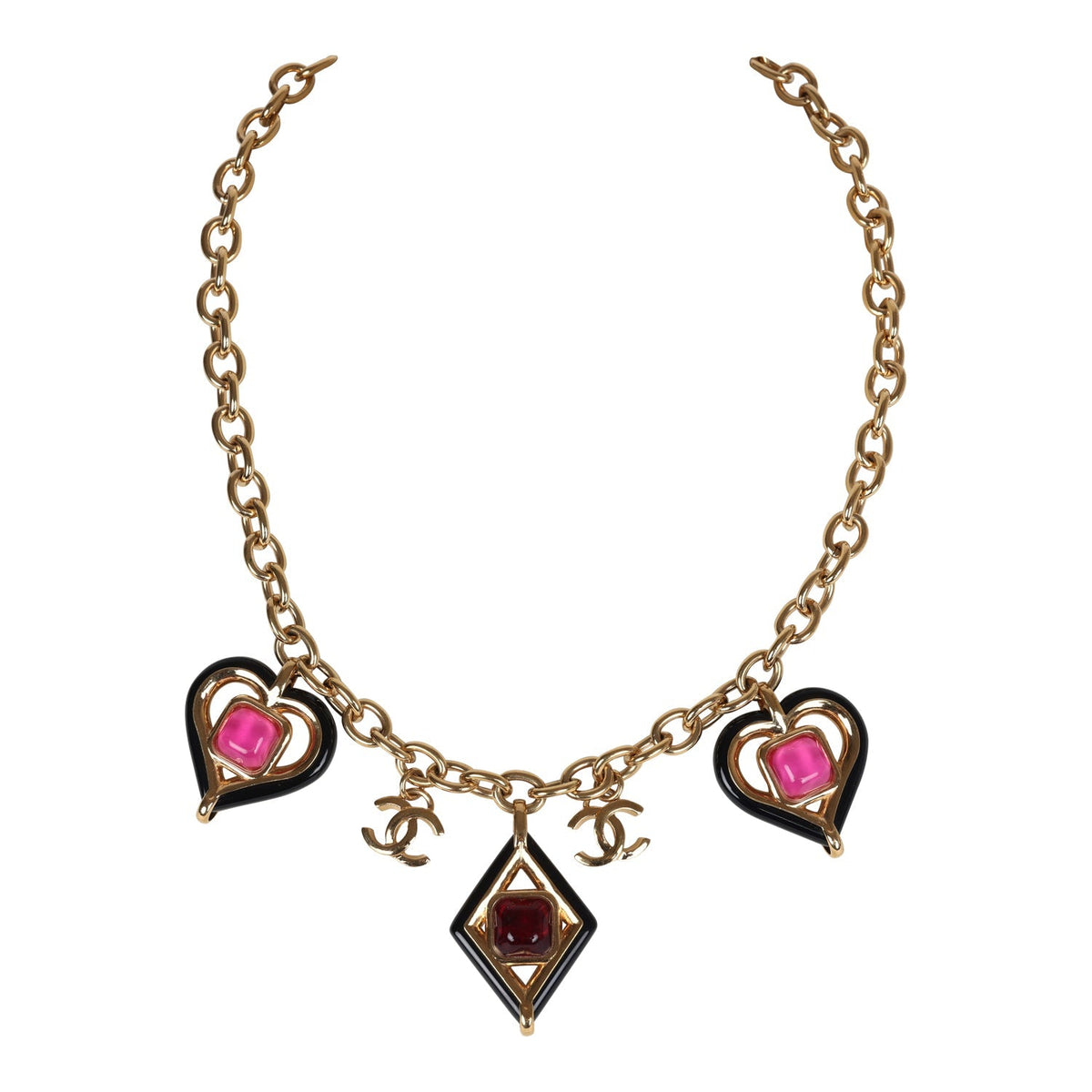 Chanel Hearts Charm Necklace Black, Pink Enamel and Gripoix Gold Tone Hardware